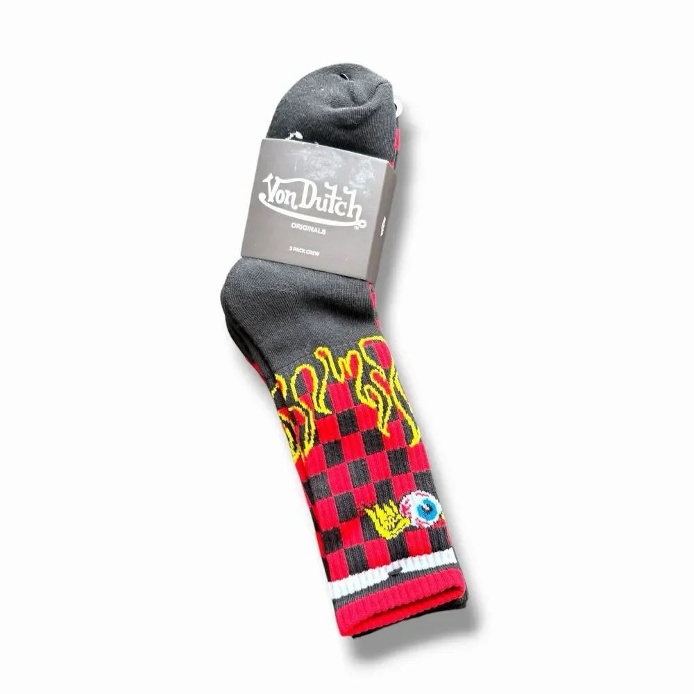NWT Von Dutch Men's Crew Socks 3 Pairs Black Red Yellow White Check Flame Design